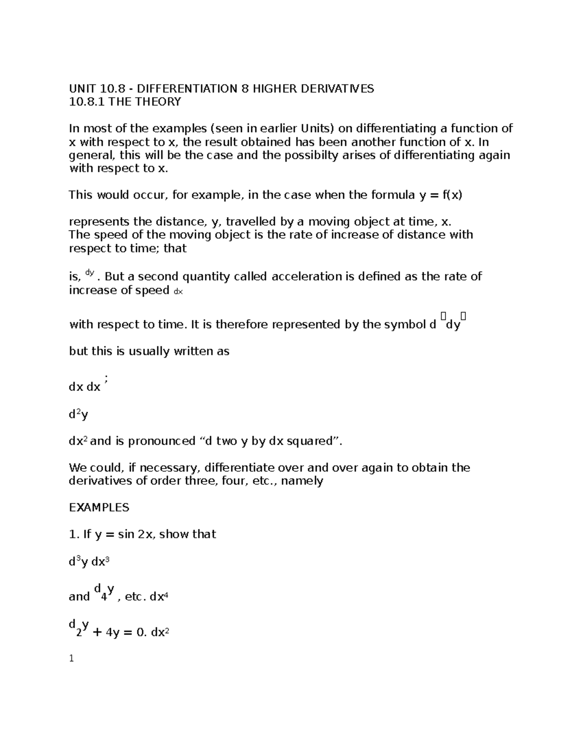 notes from class - UNIT 10 - DIFFERENTIATION 8 HIGHER DERIVATIVES 10.8 ...