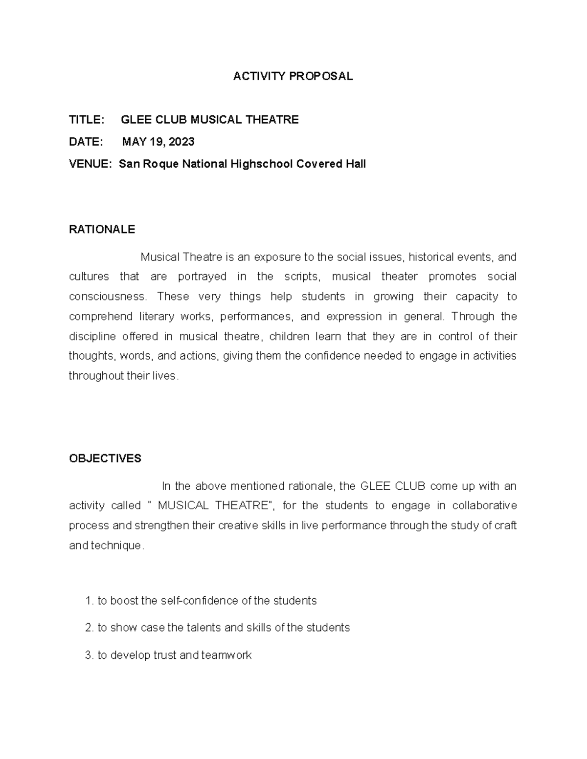 Activity Proposal - SPORTS - ACTIVITY PROPOSAL TITLE: GLEE CLUB MUSICAL ...