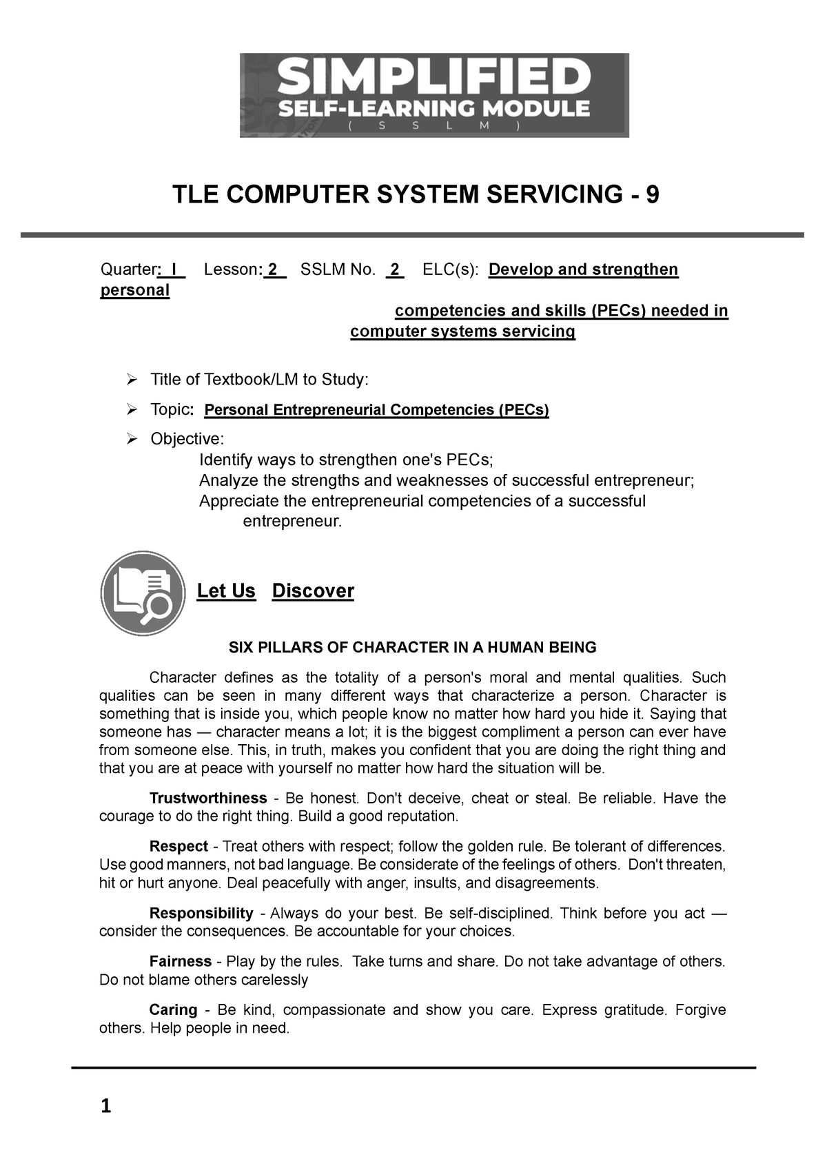 Q1 - Lesson 2 - TLE COMPUTER SYSTEM SERVICING - 9 Quarter: I Lesson: 2 ...