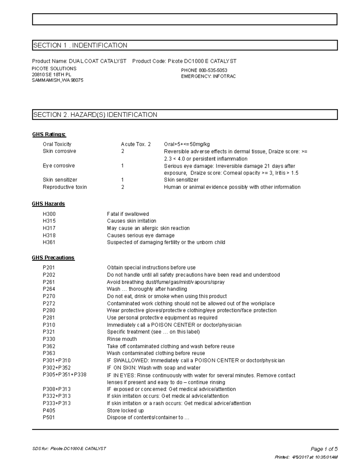 Picote DC1000 E Catalyst - SECTION 1. INDENTIFICATION Product Name ...