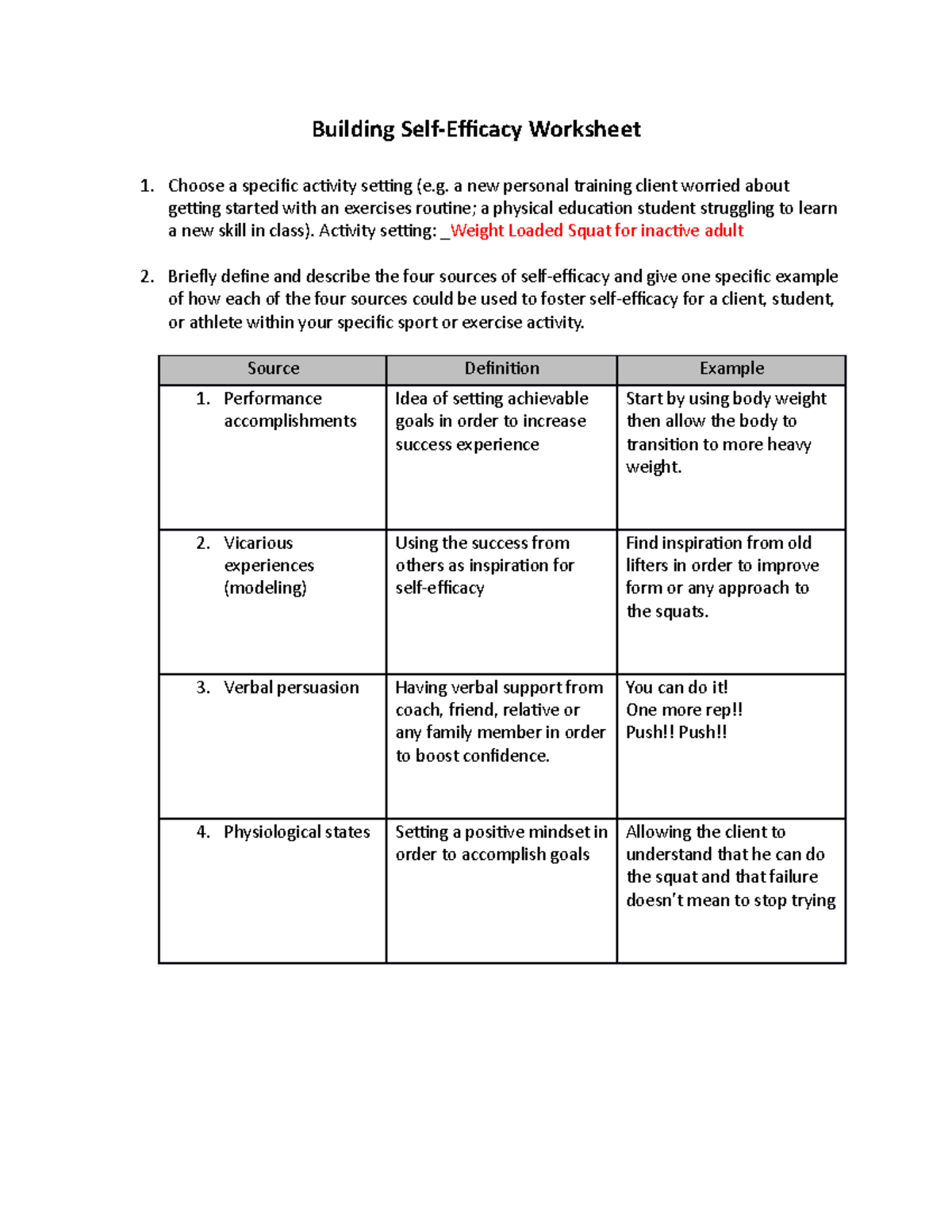 Building Self-Efficacy Worksheet - Building Self-Efficacy Worksheet ...