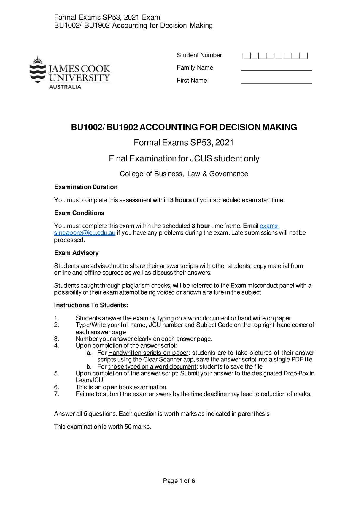 BU1002-FInal Exam - BU1002/ BU1902 Accounting For Decision Making ...