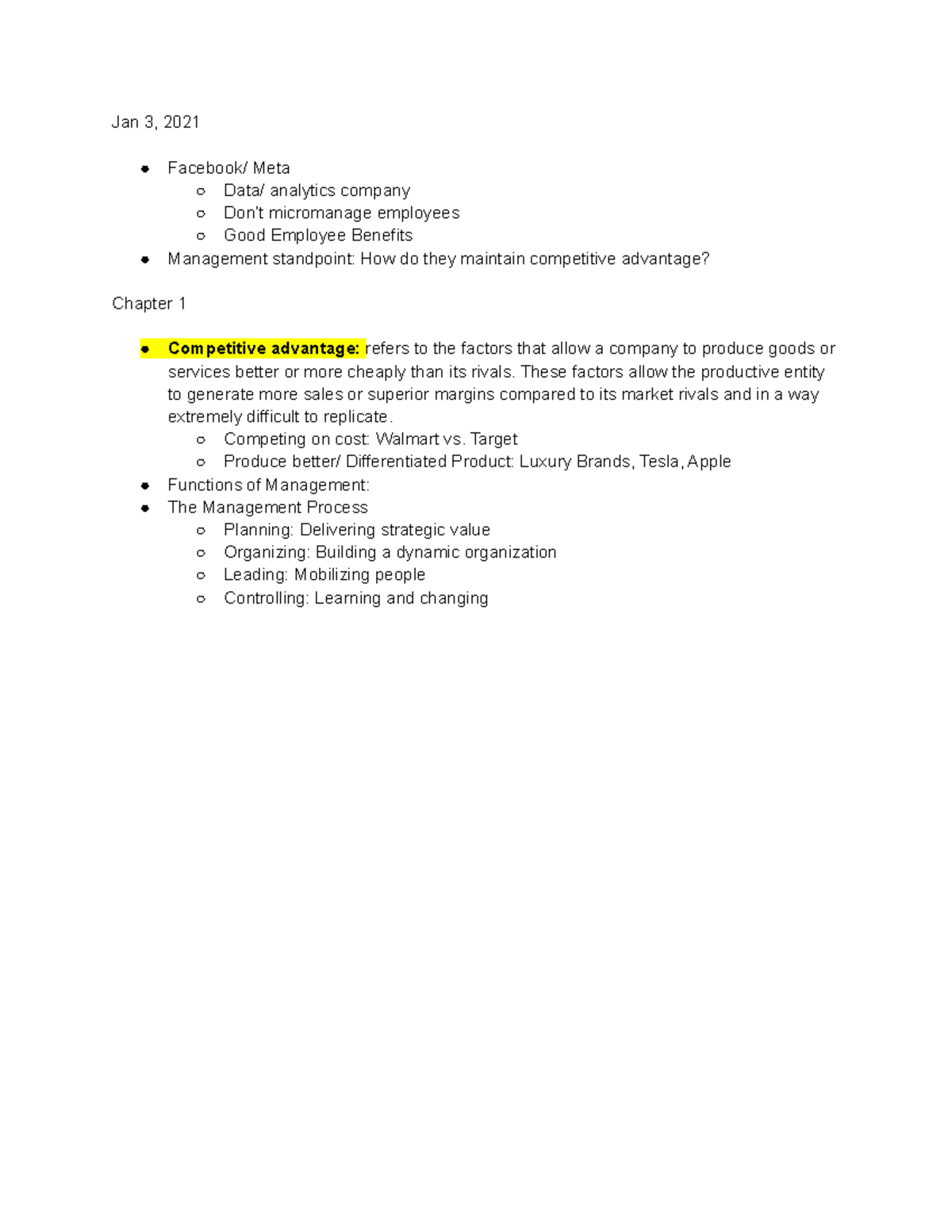 Mgmt #1 - Lecture notes Ch 1 - Jan 3, 2021 Facebook/ Meta Data ...