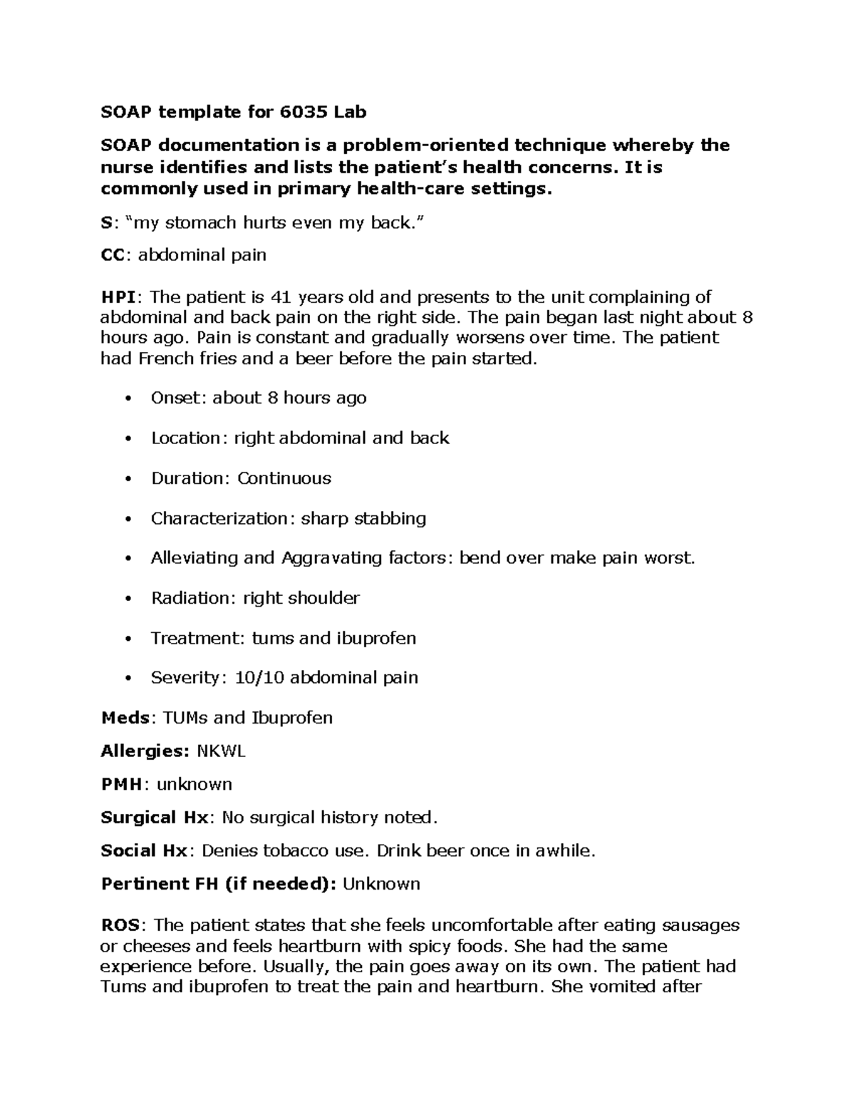 Soap Abdominal Soap Note Soap Template For 6035 Lab Soap Documentation Is A Problem Oriented 