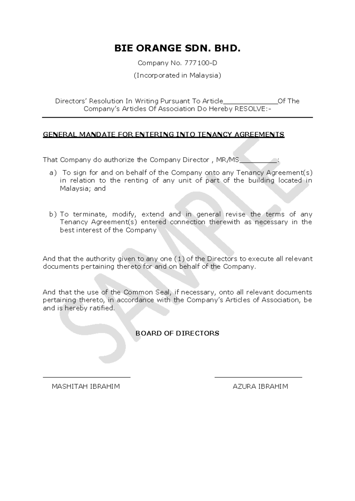 Sample Directors Resolution - BIE ORANGE SDN. BHD. Company No. 777100-D ...