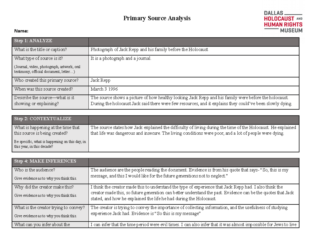 Primary Source Analysis - Primary Source Analysis Name: Step 1: ANALYZE ...