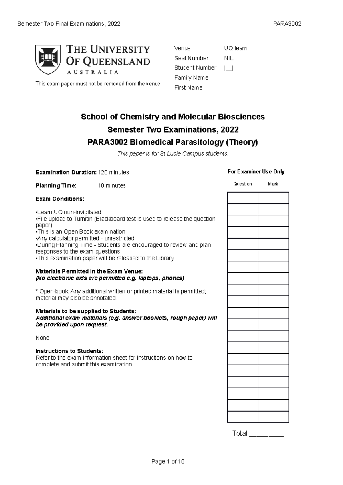 PARA3002 Biomedical Parasitology (Theory) Final 2 2022 This exam