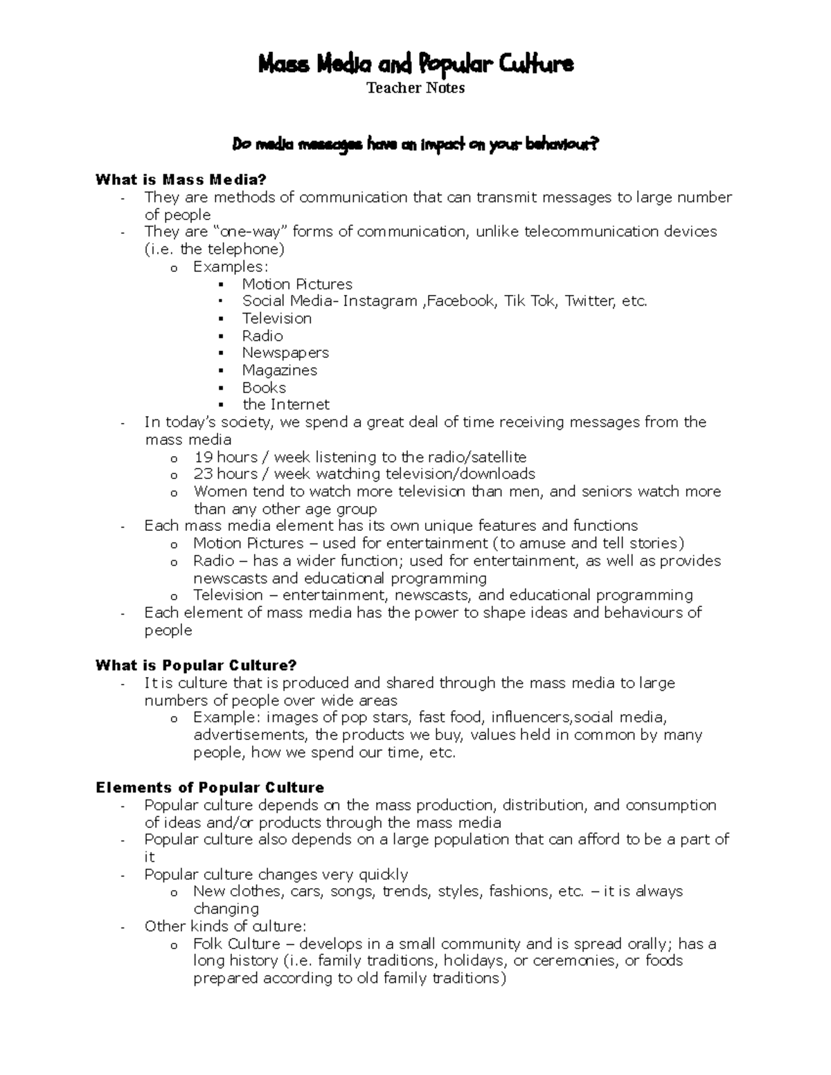 Mass Media and Popular Culture (Teacher Notes) - Mass Media and Popular ...