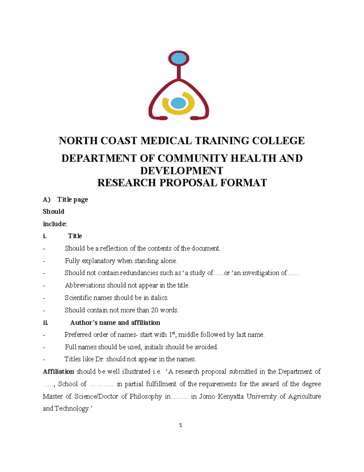 Research-Proposal format - NORTH COAST MEDICAL TRAINING COLLEGE ...