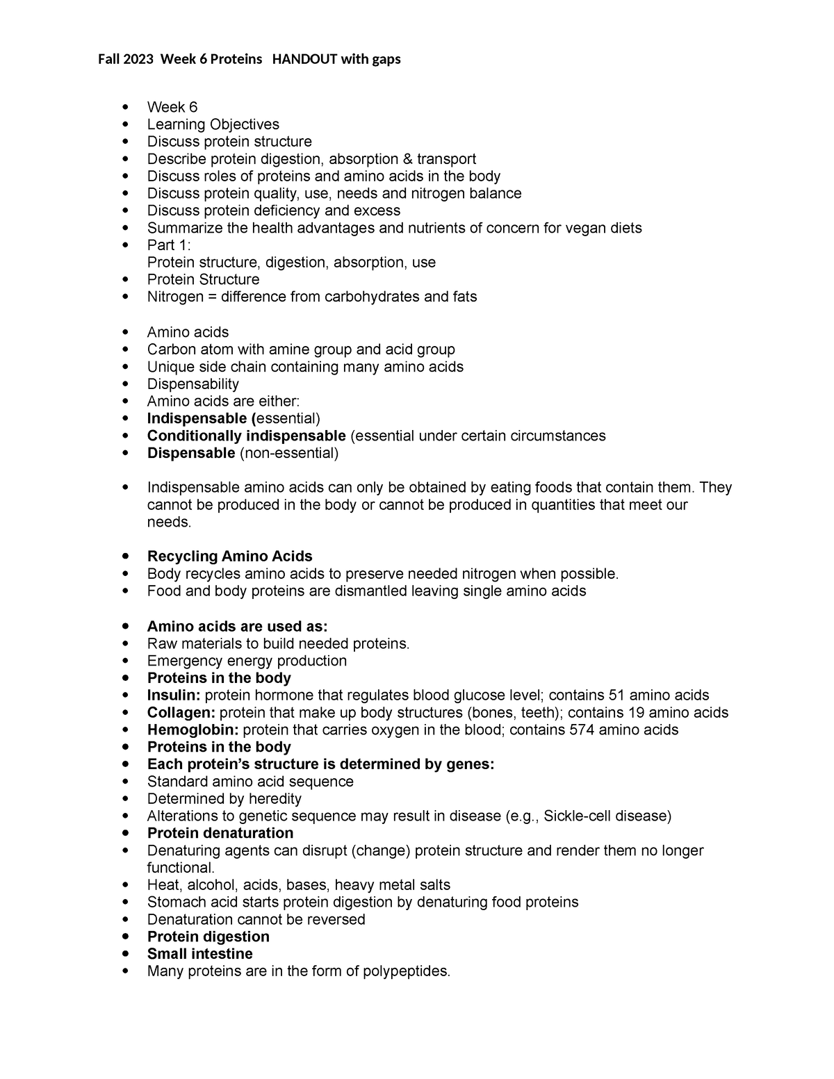 Fall 2023 Week 6 Proteins Handout with gaps - Week 6 Learning ...