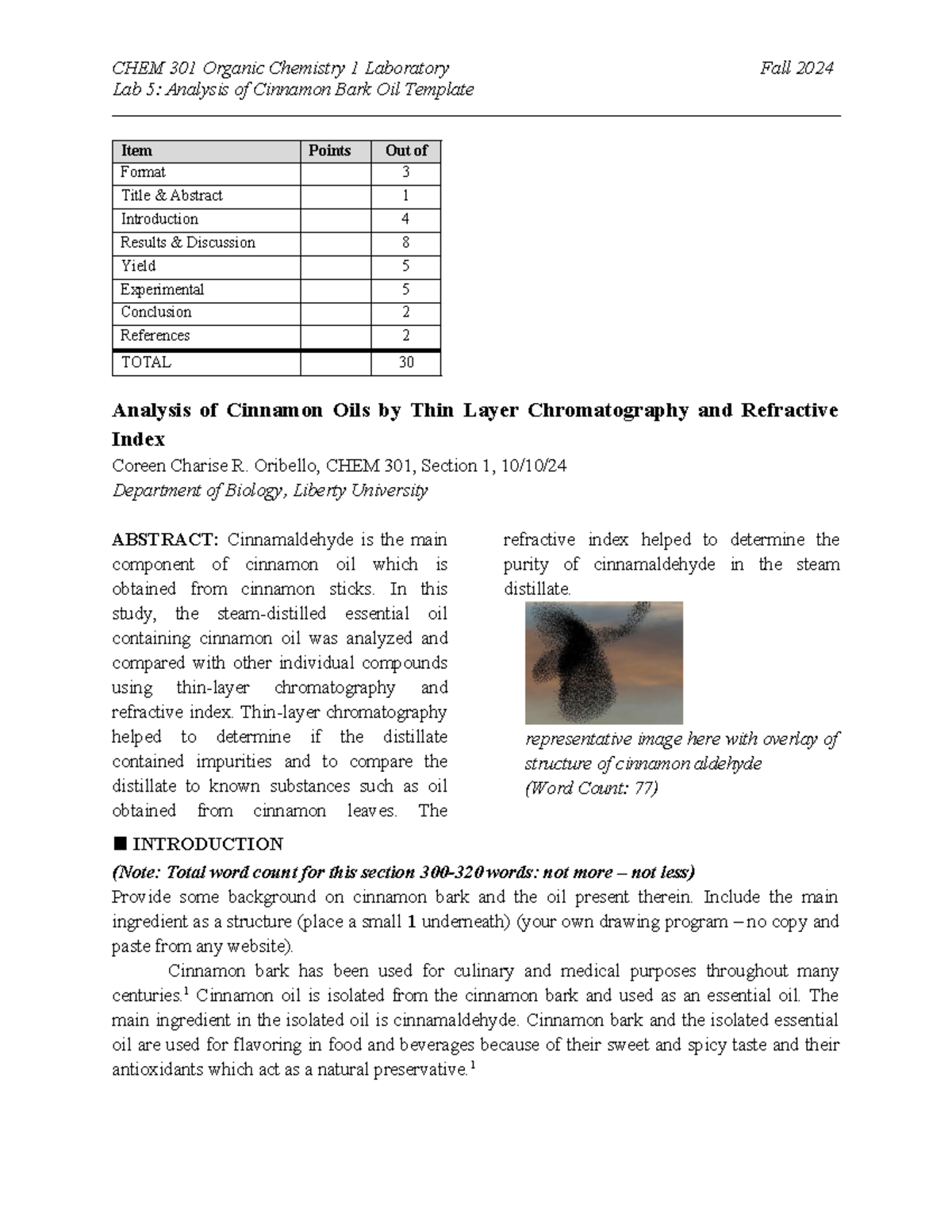 Labs 6 Isolation and Analysis of Cinnamon Bark Oil Lab Report Template