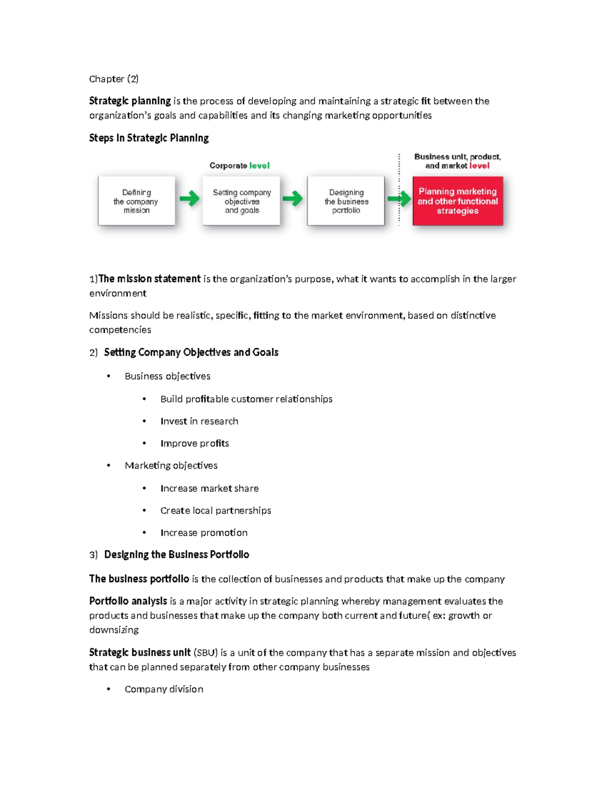 Chapter 2 - basic of marketing - Chapter (2) Strategic planning is the ...
