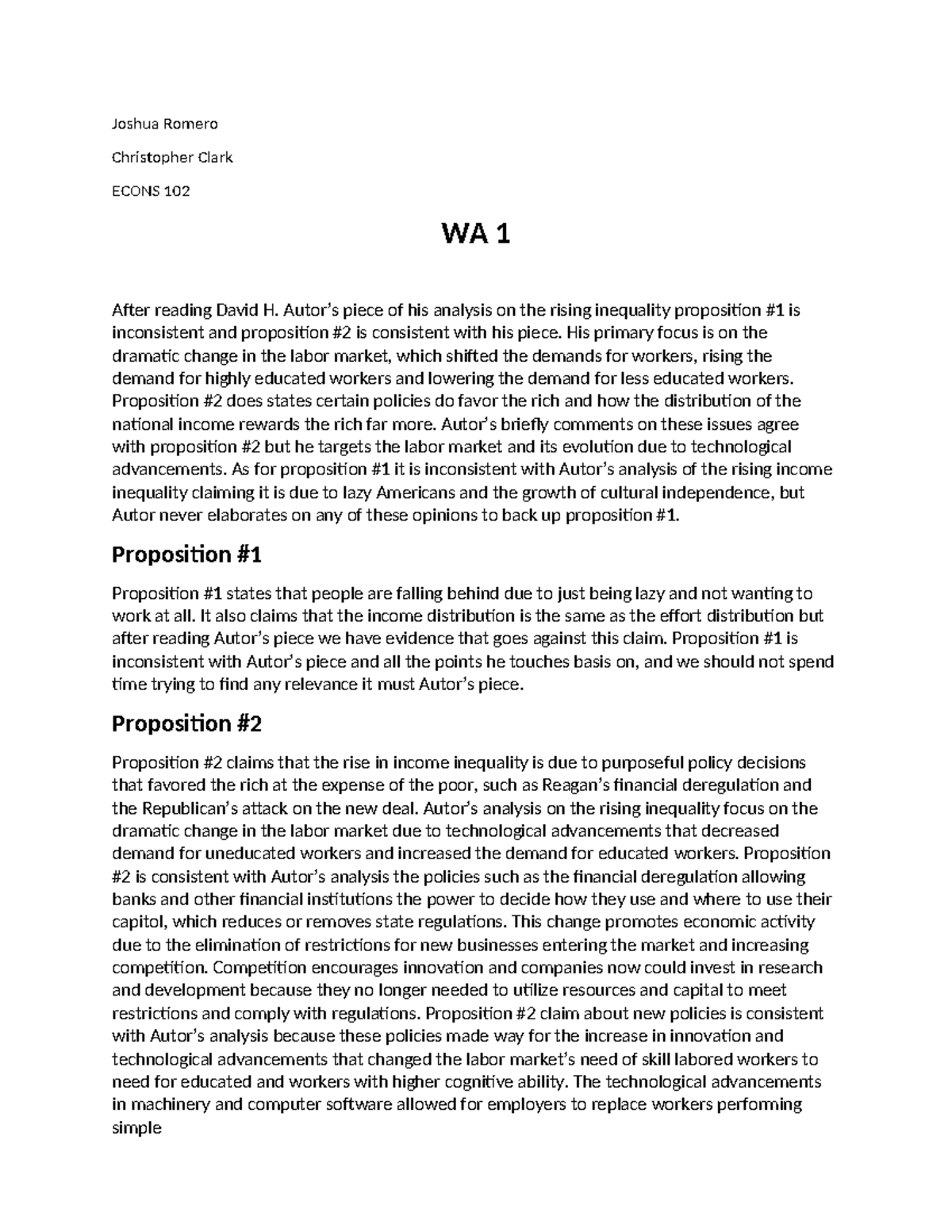 Econs 102 Writing Assignment - Joshua Romero Christopher Clark ECONS ...