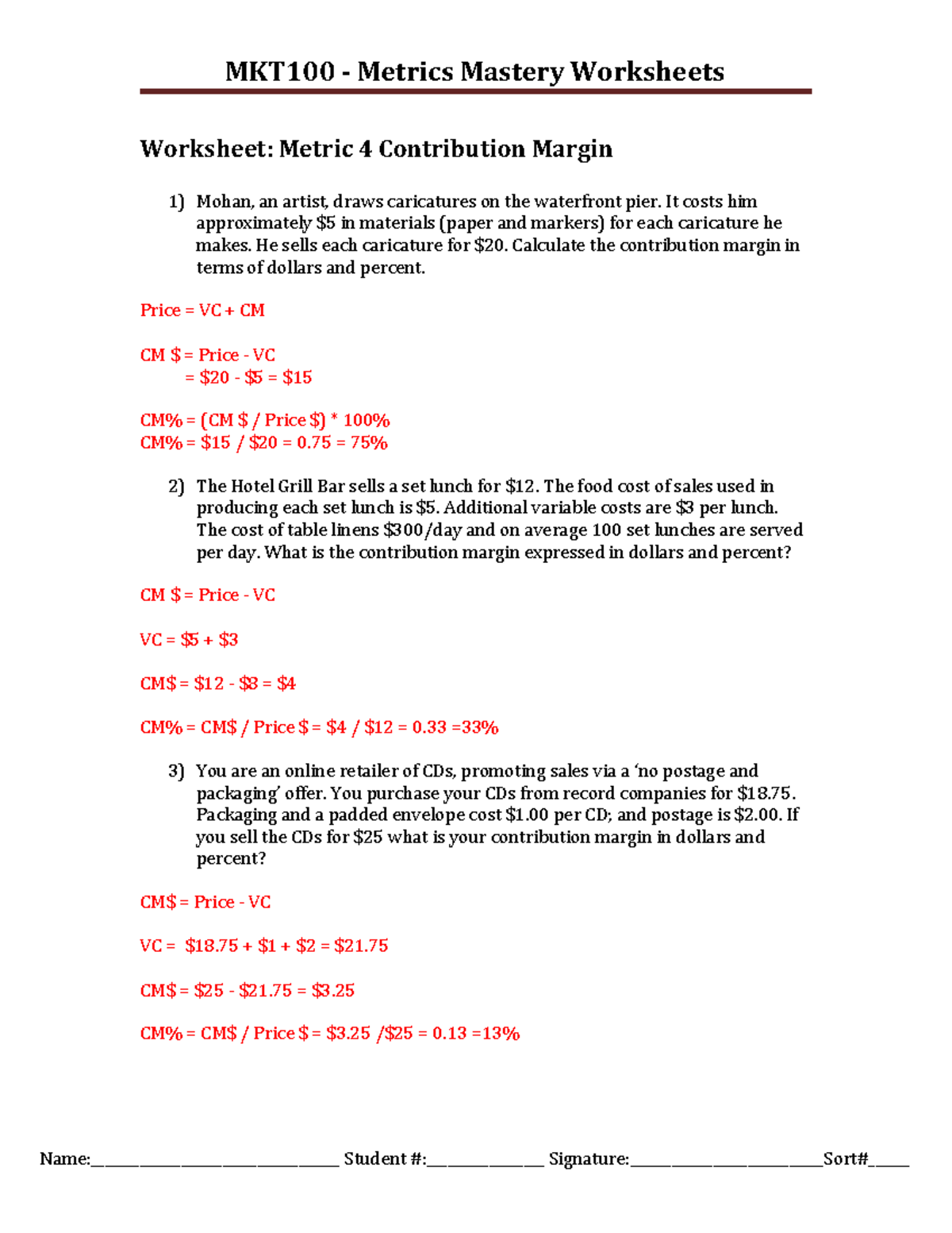 metrics 4 contribution margin mkt100 metrics mastery worksheets worksheet metric 4 studocu