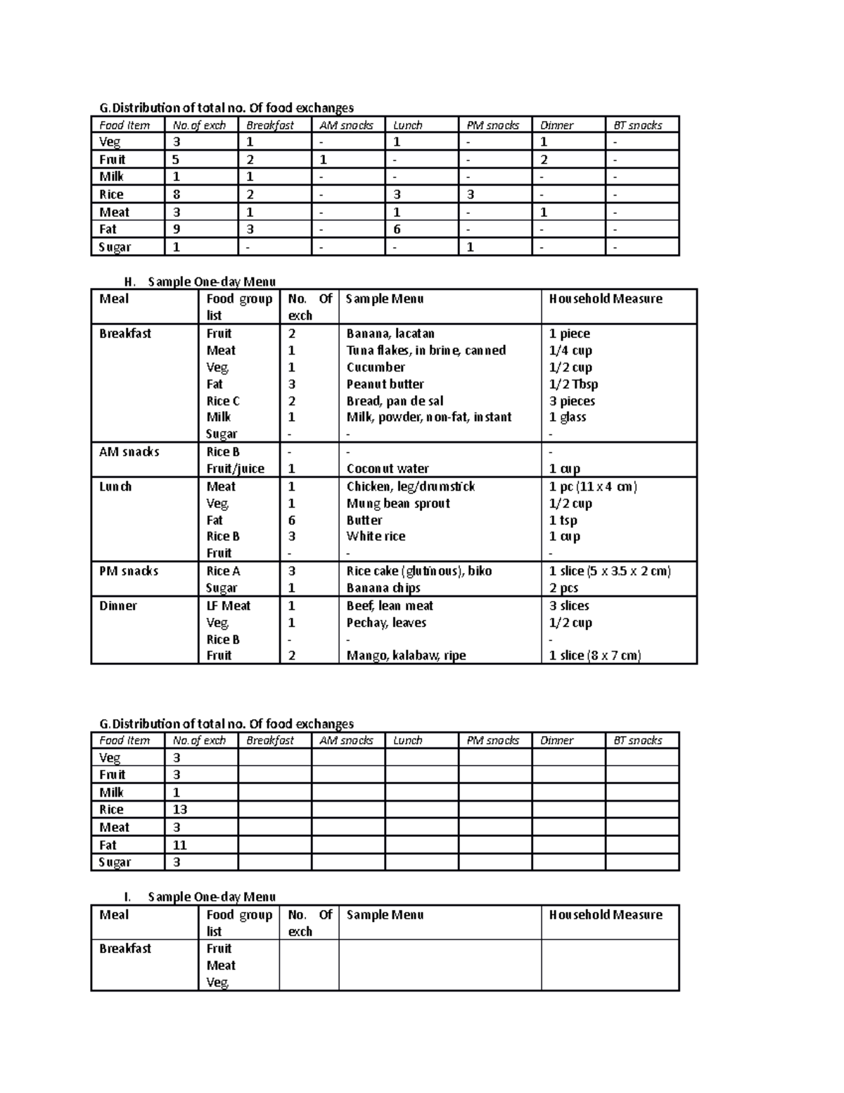 G AND H - nutrition and diet therapy - G of total no. Of food exchanges ...