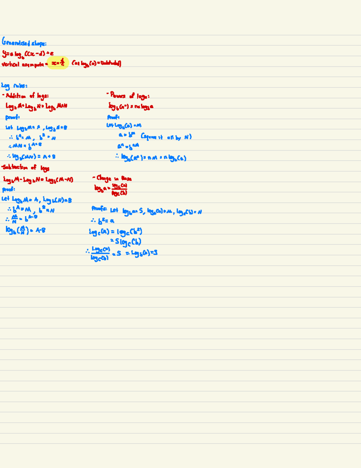 Logarithms Notes on logs Generalised shape y= alog,((x d) + e vertical asympote