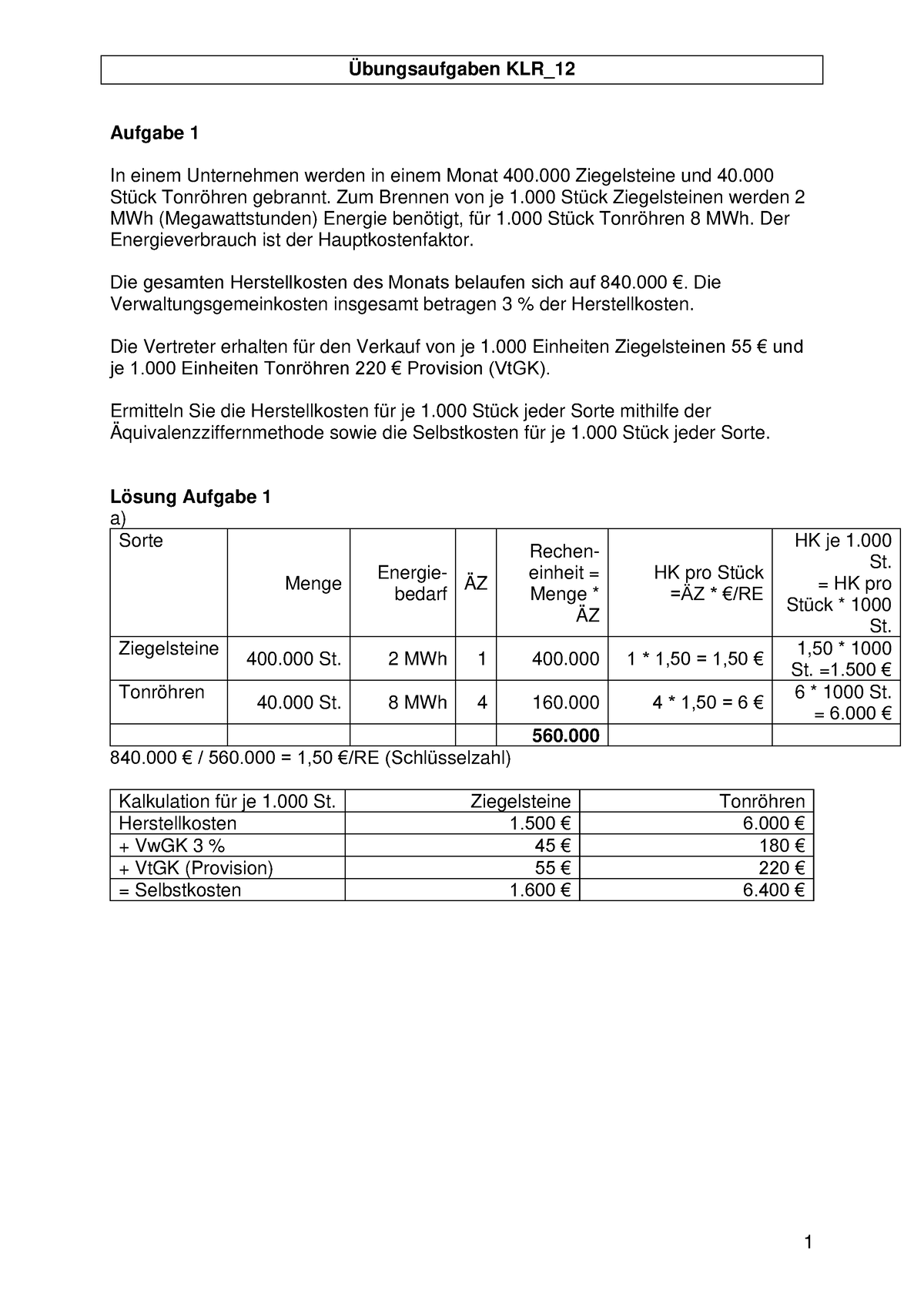 Übungsaufgaben KLR - Kosten Und Leistungsrechnung, Aufgaben Mit ...