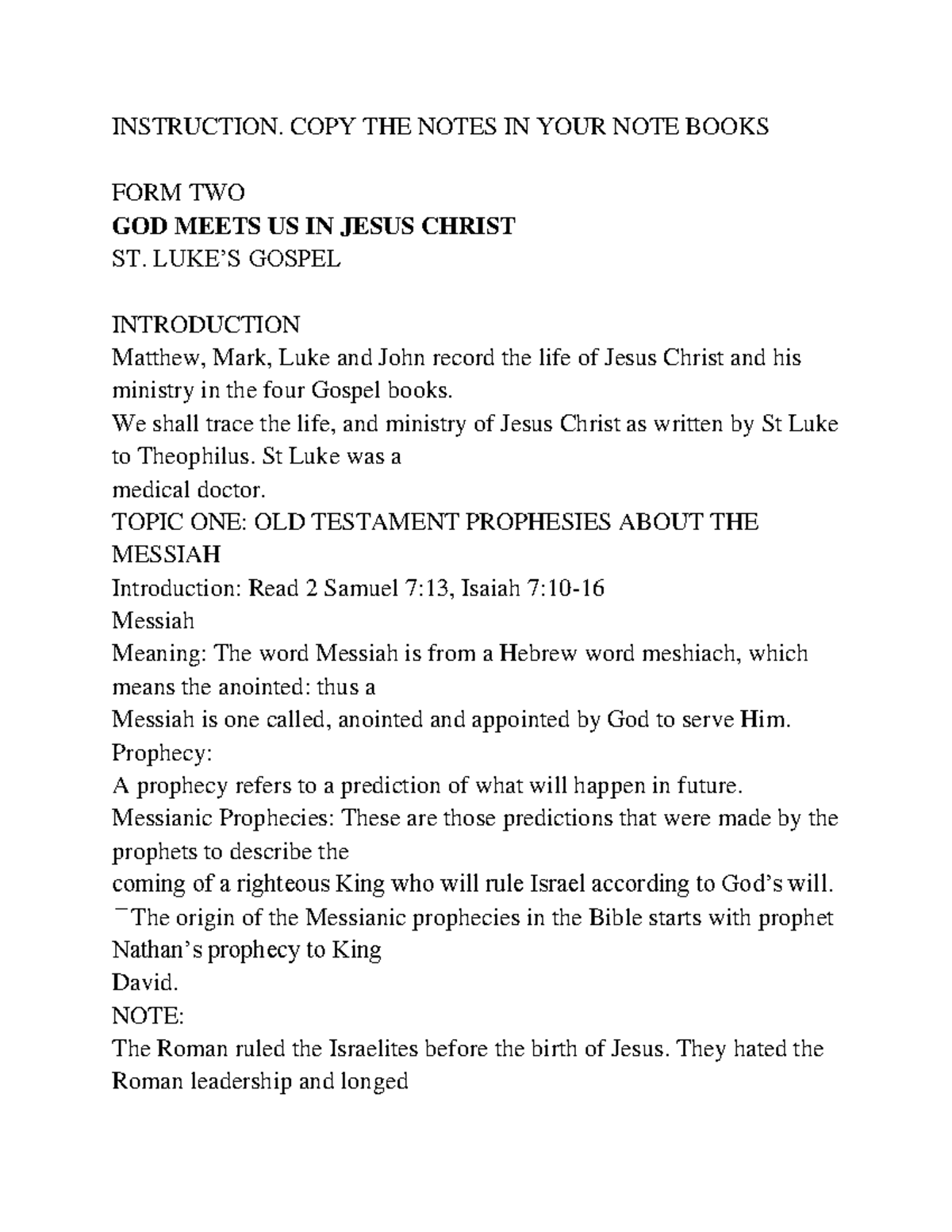 Notes ON OLD Testament Prophecies Notes - Form 1 - C.R.E. - INSTRUCTION ...