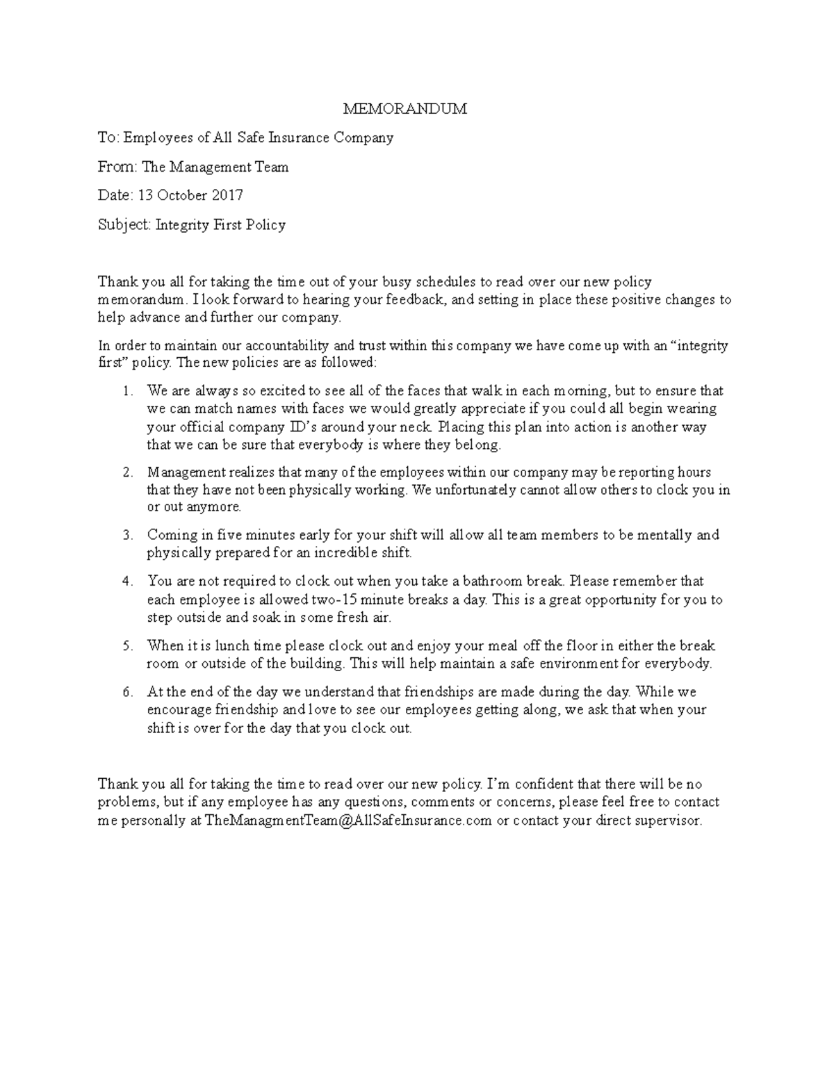 Policy Memo Revised Version - MEMORANDUM To: Employees of All Safe ...