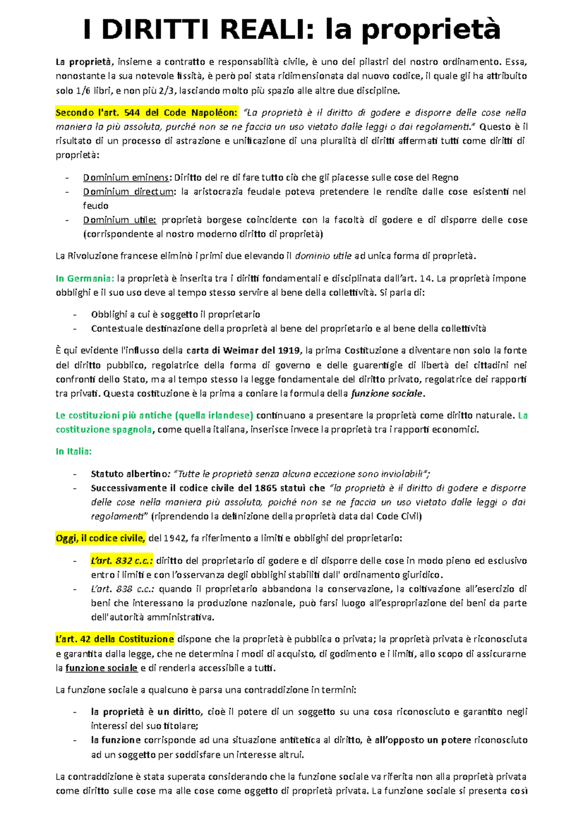 Integrazione diritto privato I DIRITTI REALI la proprietà La