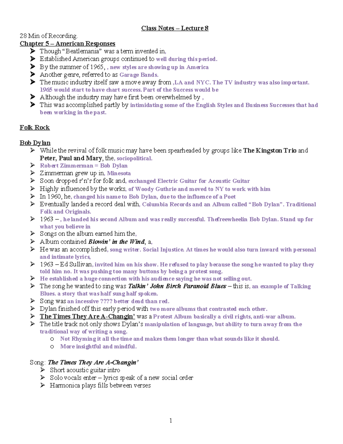 Class Notes - 8 - Prep for Exam 3 - Class Notes – Lecture 8 28 Min of ...