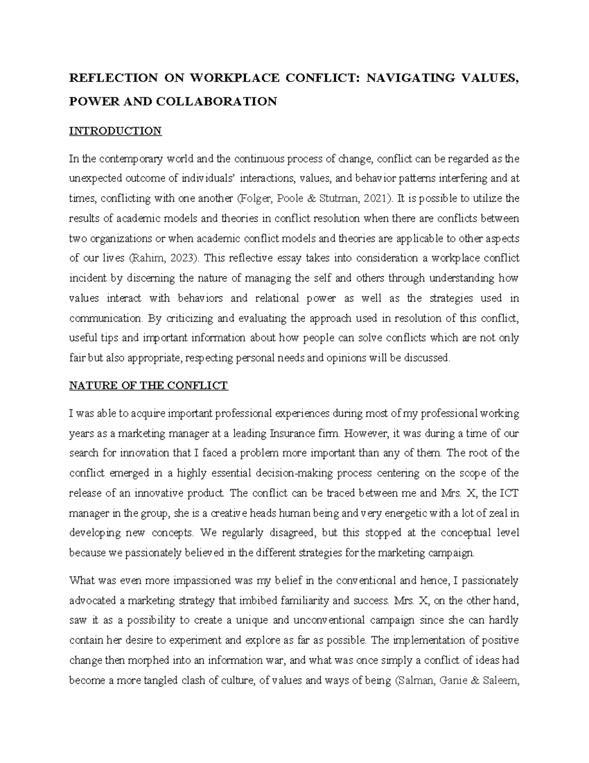 Reflection ON Workplace Conflic 1 - REFLECTION ON WORKPLACE CONFLICT ...