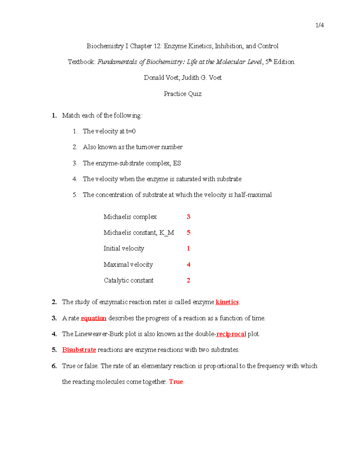Chapter 12 Enzyme Inhibition, and Control Practice Quiz