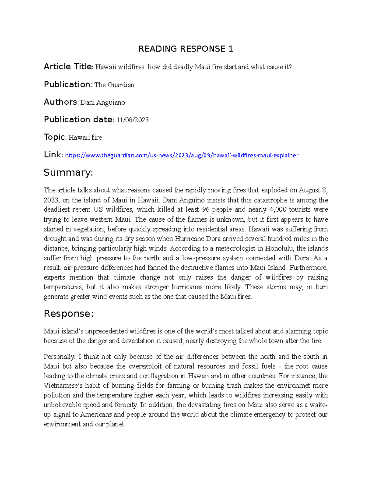 Reading response 1 - READING RESPONSE 1 Article Title: Hawaii wildfires ...