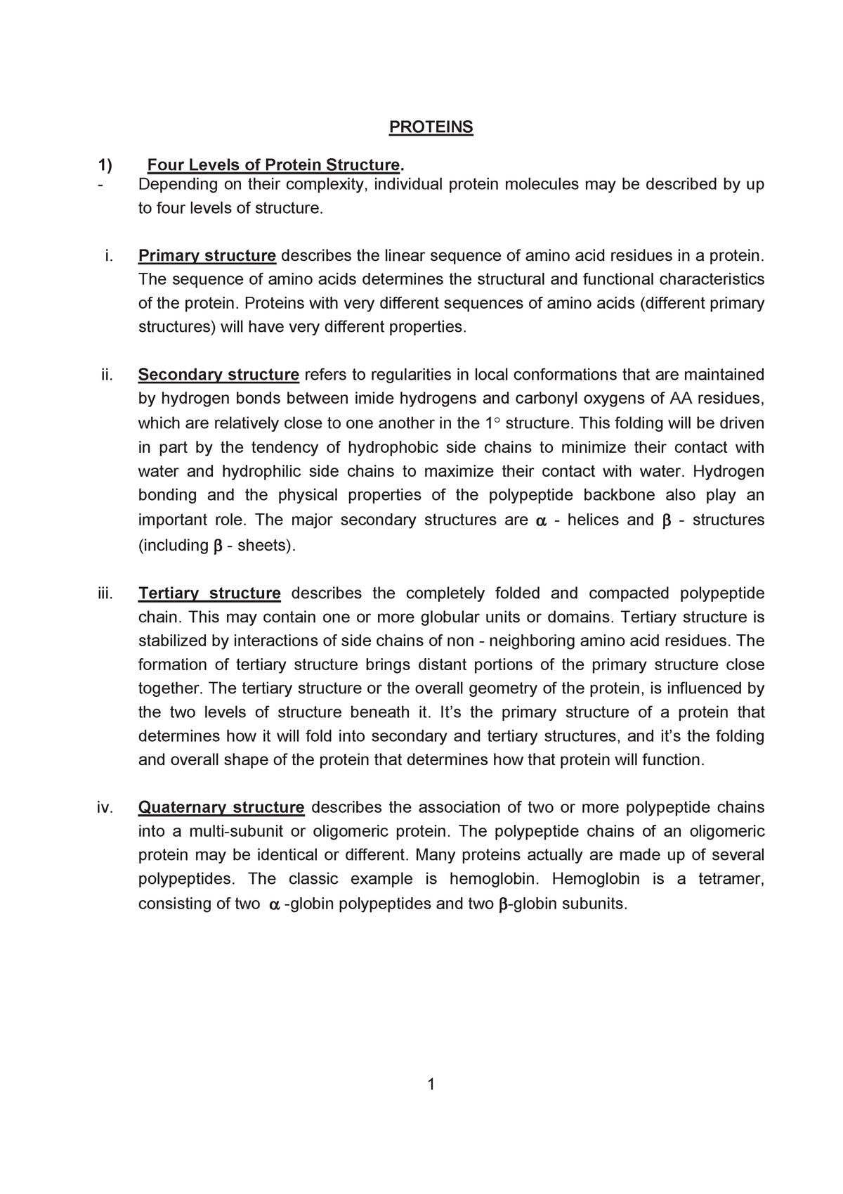 Protein Lecture Supplement Part 1 (PG 3) - PROTEINS 1) Four Levels of ...