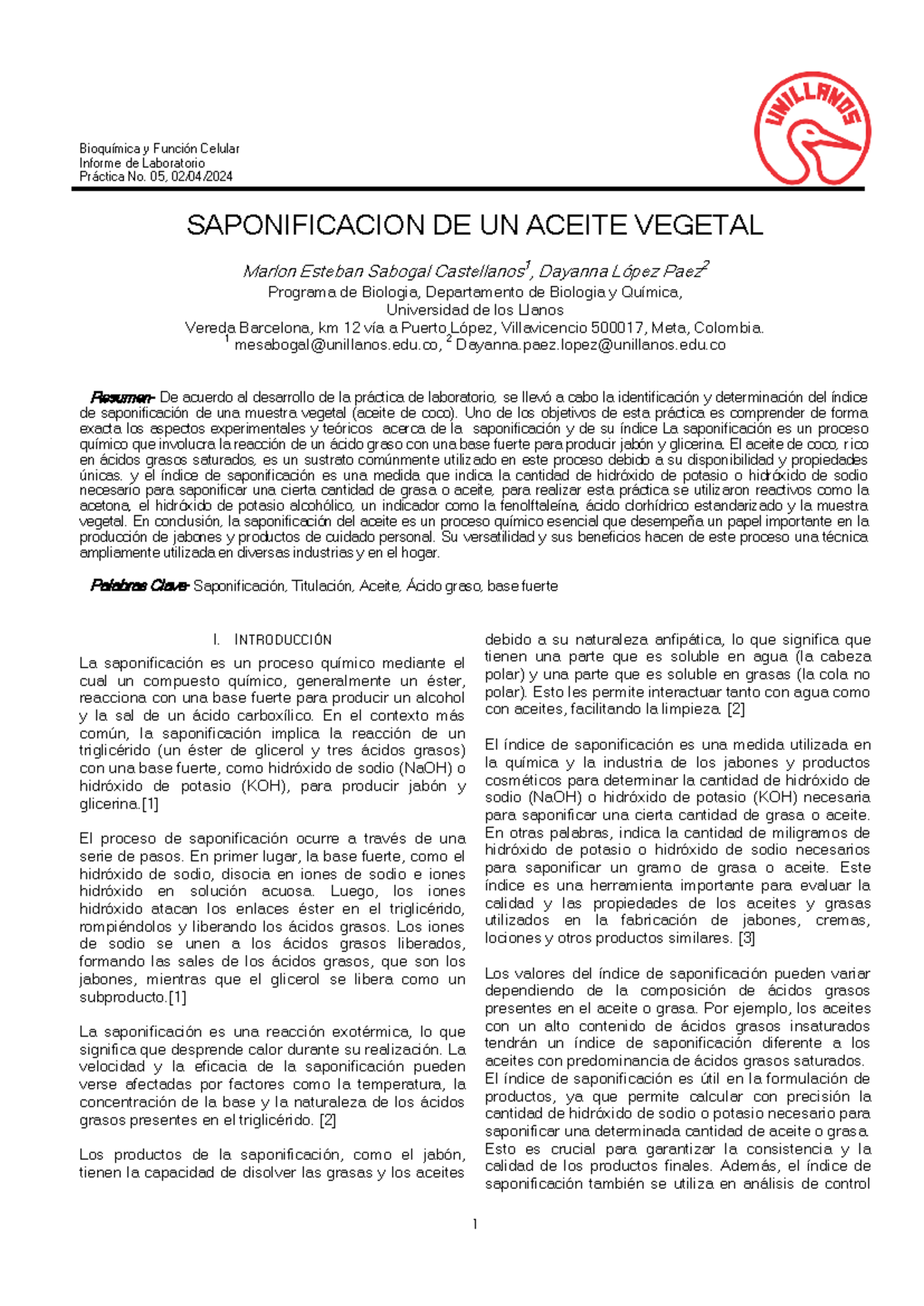 Informe 005 - 1 Bioquímica y Función Celular Informe de Laboratorio ...