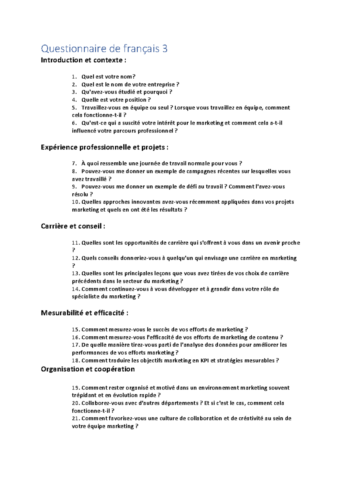 Interview-frans-vragenlijst - Questionnaire de français 3 Introduction ...