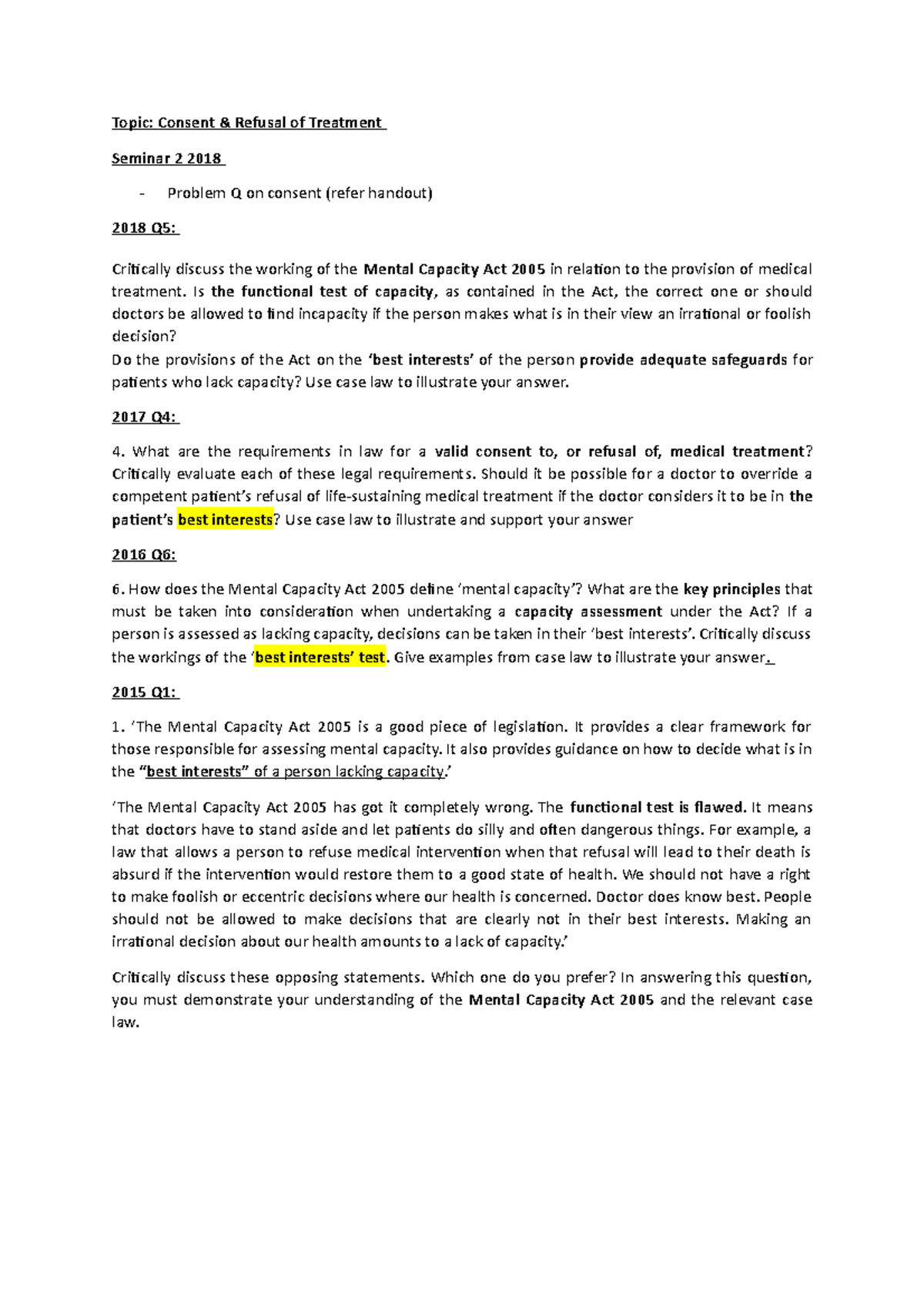 Consent And Refusal Of Treatment Topic Consent Refusal Of Treatment Seminar 2 2018 Problem Q