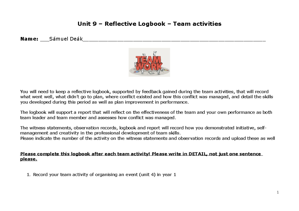Logbook - reflective Unit 9 Template - please download - Unit 9 ...