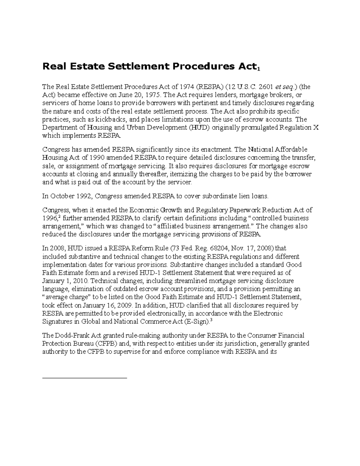 Laws and Regulations Real Estate Settlement Procedures Act 1 The Real