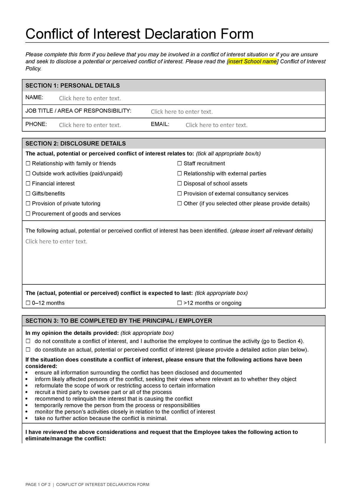 Conflict Of Interest Template Declaration Form Conflict Of Interest 