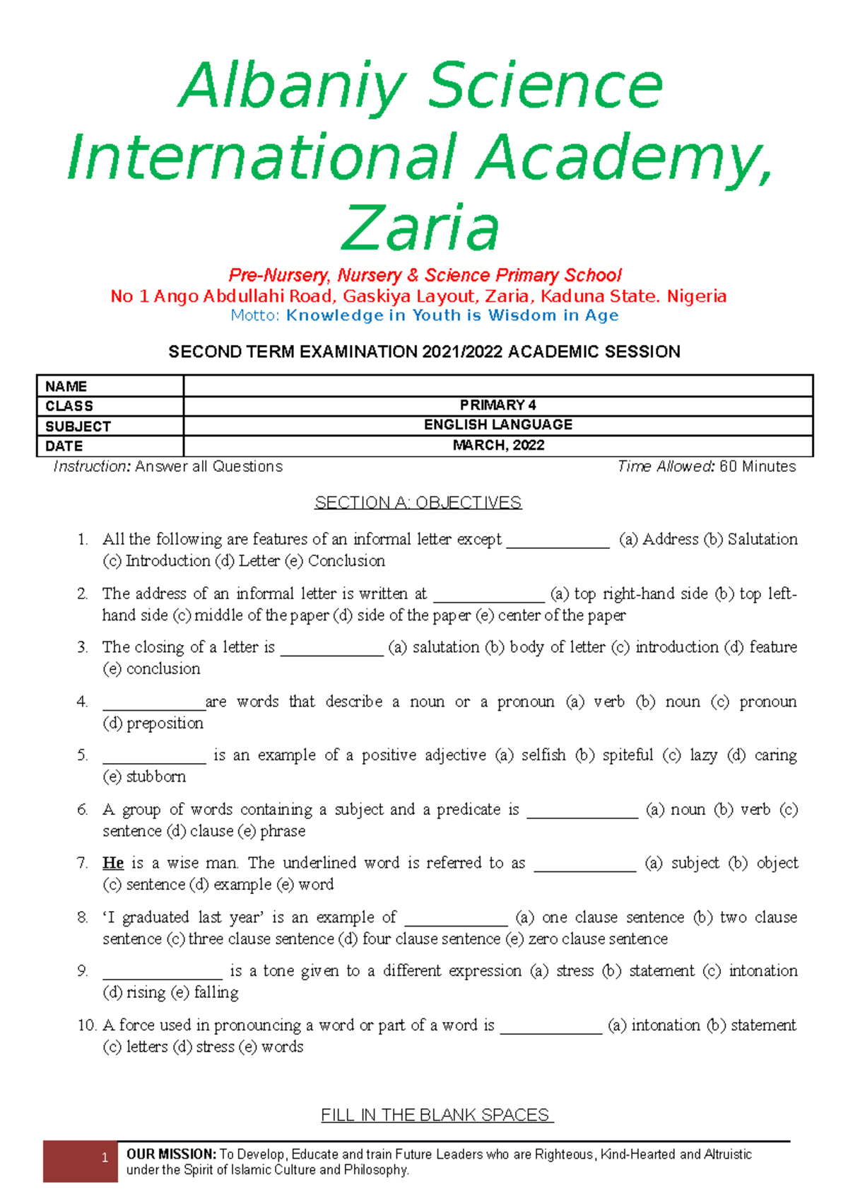 English LANG. Primary 4 Albaniy Science International Academy, Zaria