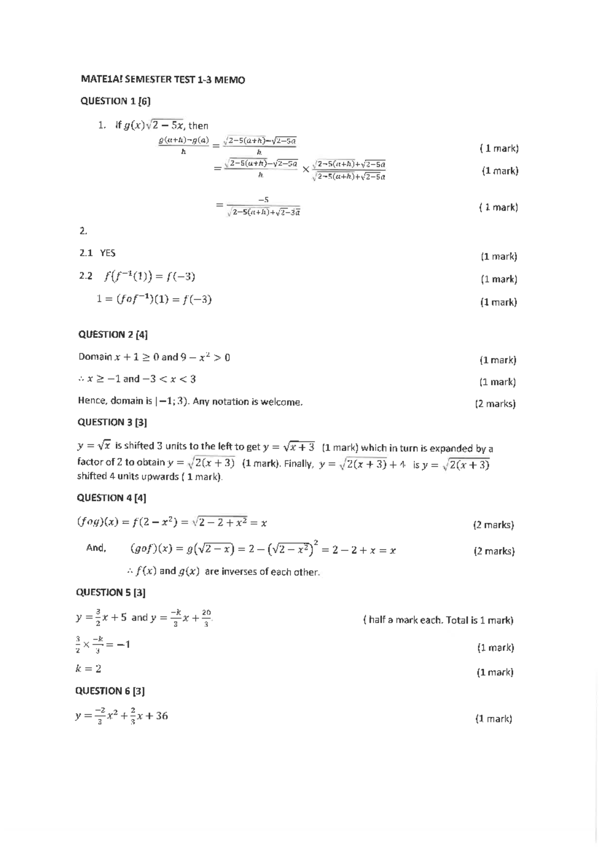 Memo MATE1A1 Semester TEST 1-3 final - Studocu