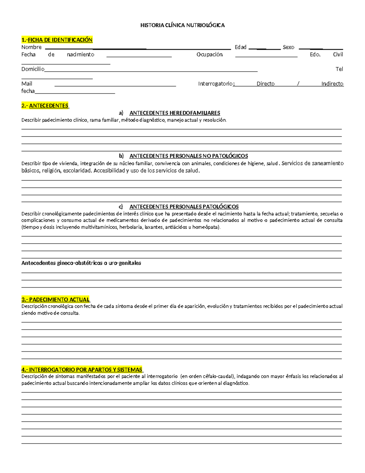 Historia Clinica Nutricional Historia ClÍnica NutriolÓgica 1 Ficha De IdentificaciÓn Nombre 1960