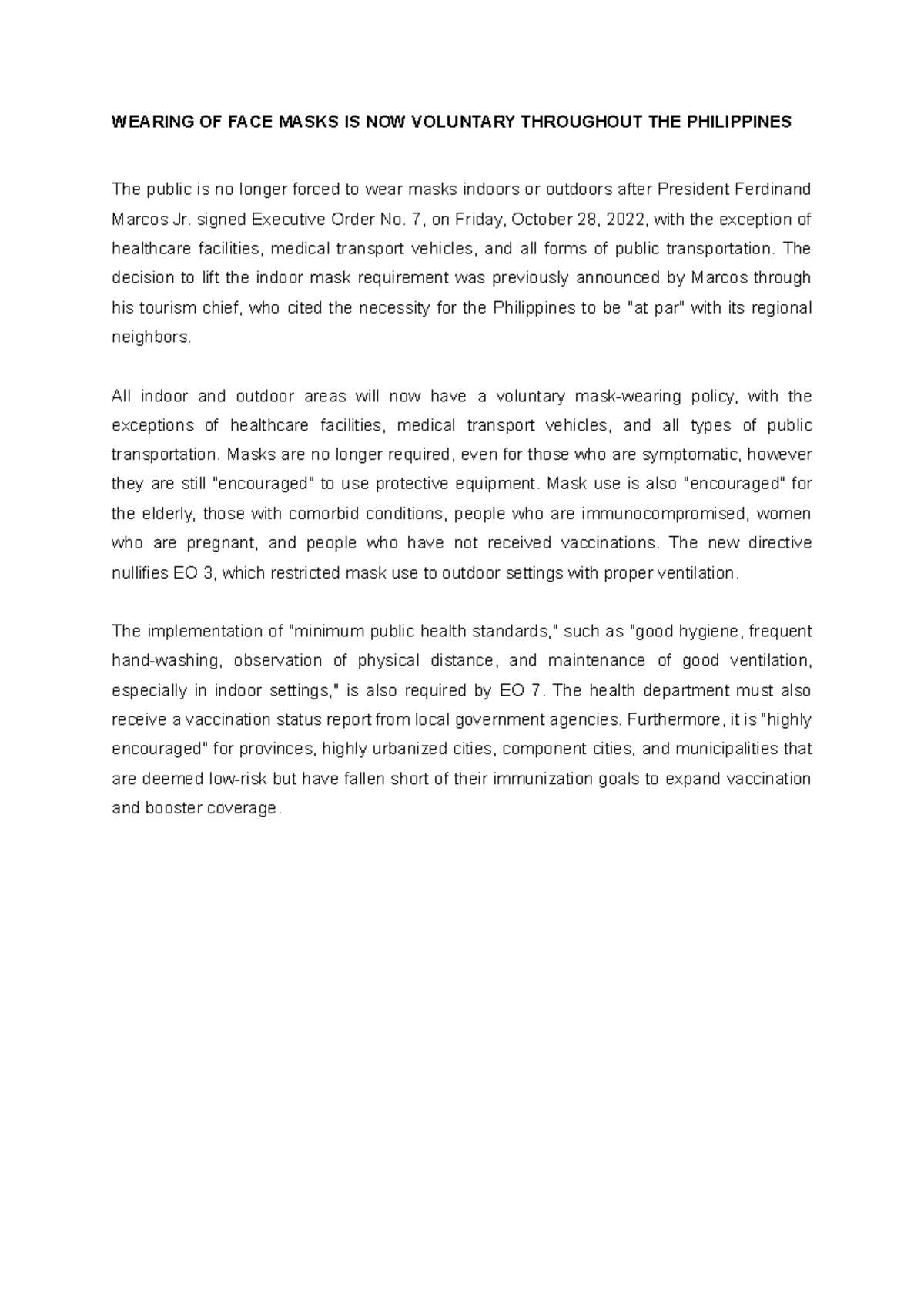 Wearing OF FACE Masks IS NOW Voluntary Throughout THE Philippines