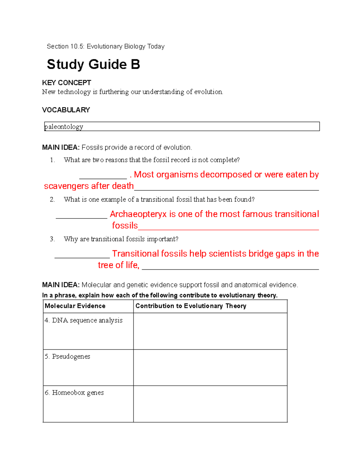 Chapter 10.5 Study Guide 1234 - Section 10: Evolutionary Biology Today ...