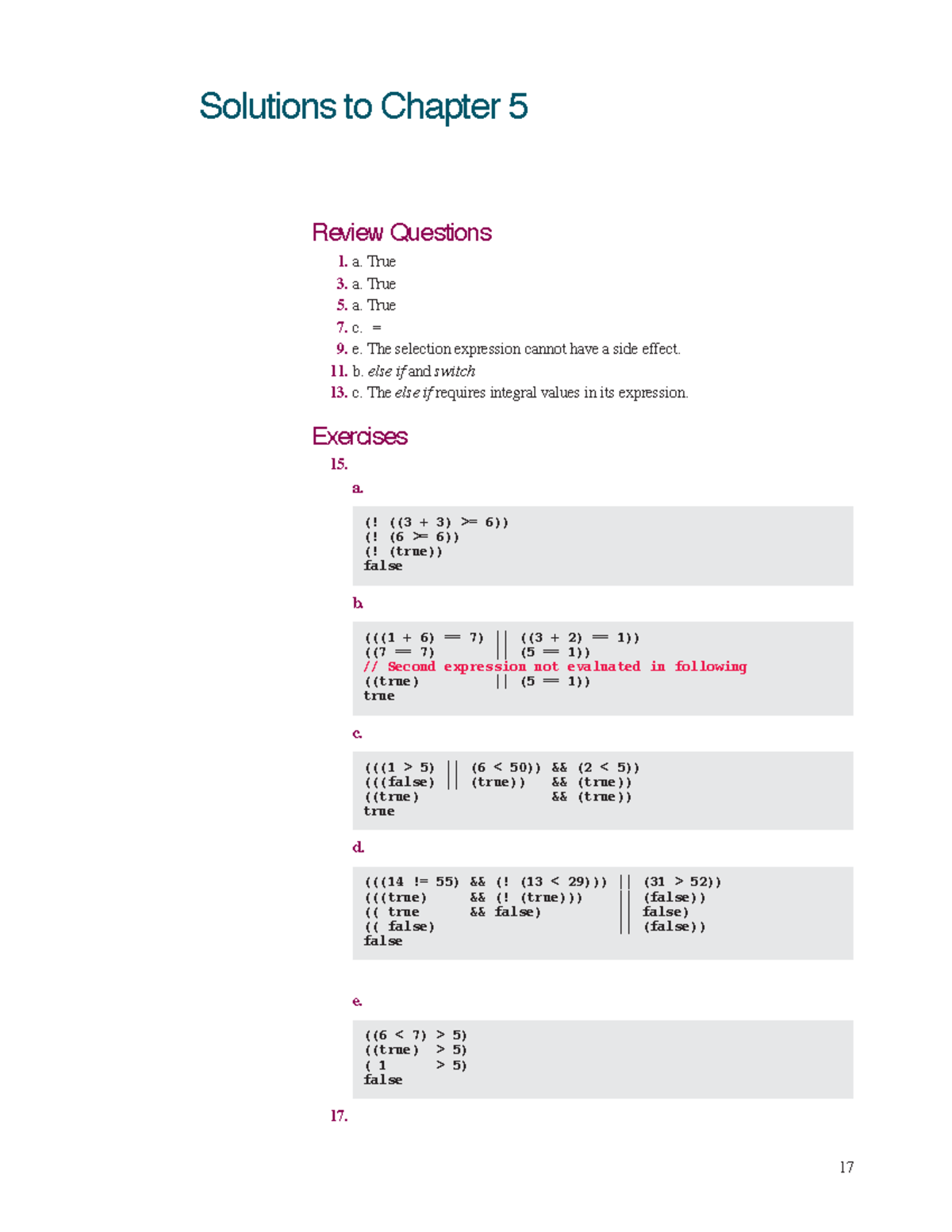 Ch05 - chapter 5 - 17 Review Questions a. True a. True a. True c. = e ...