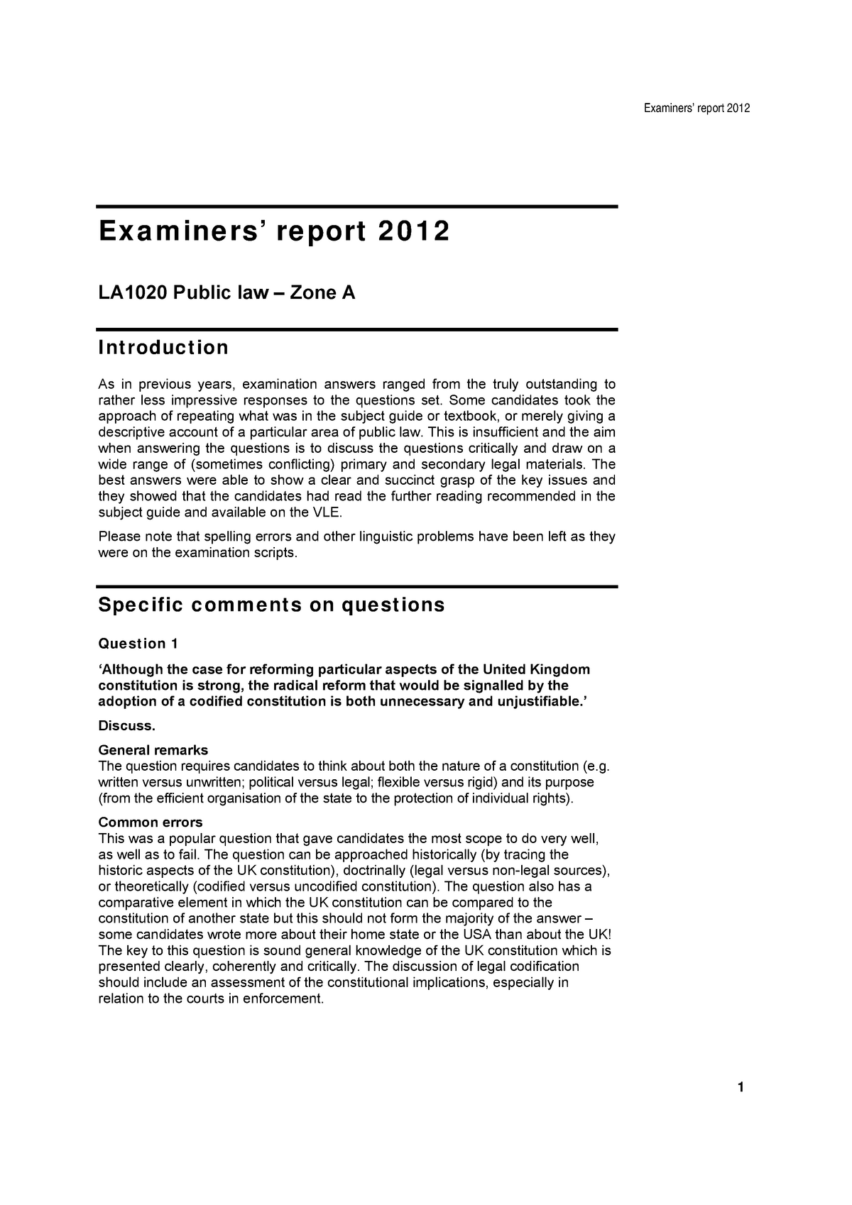 Exam 2012, Questions And Answers - Examiners’ Report 2012 Ex A M Ine Rs ...