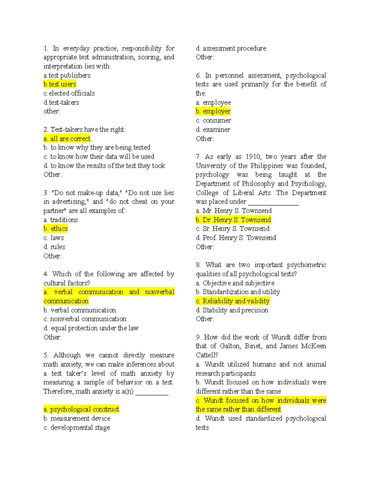 Drill 2 POST TEST PSYCHOLOGICAL TESTING AND ASSESSMENT In Everyday 