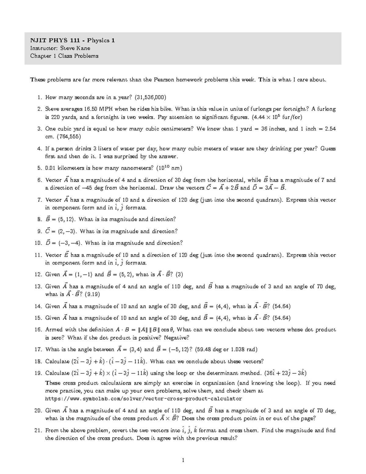 Ch 1 In Class Problems - ... - NJIT PHYS 111 - Physics 1 Instructor ...