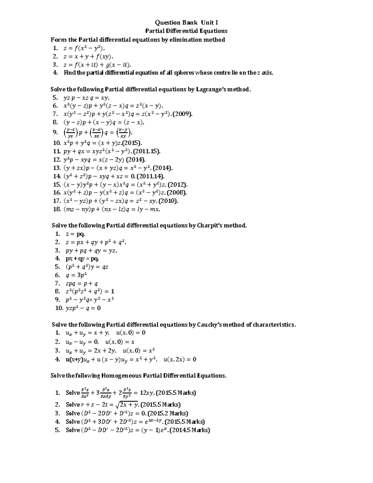 PDE QB - partial differential equations - Question Bank Unit I Partial ...