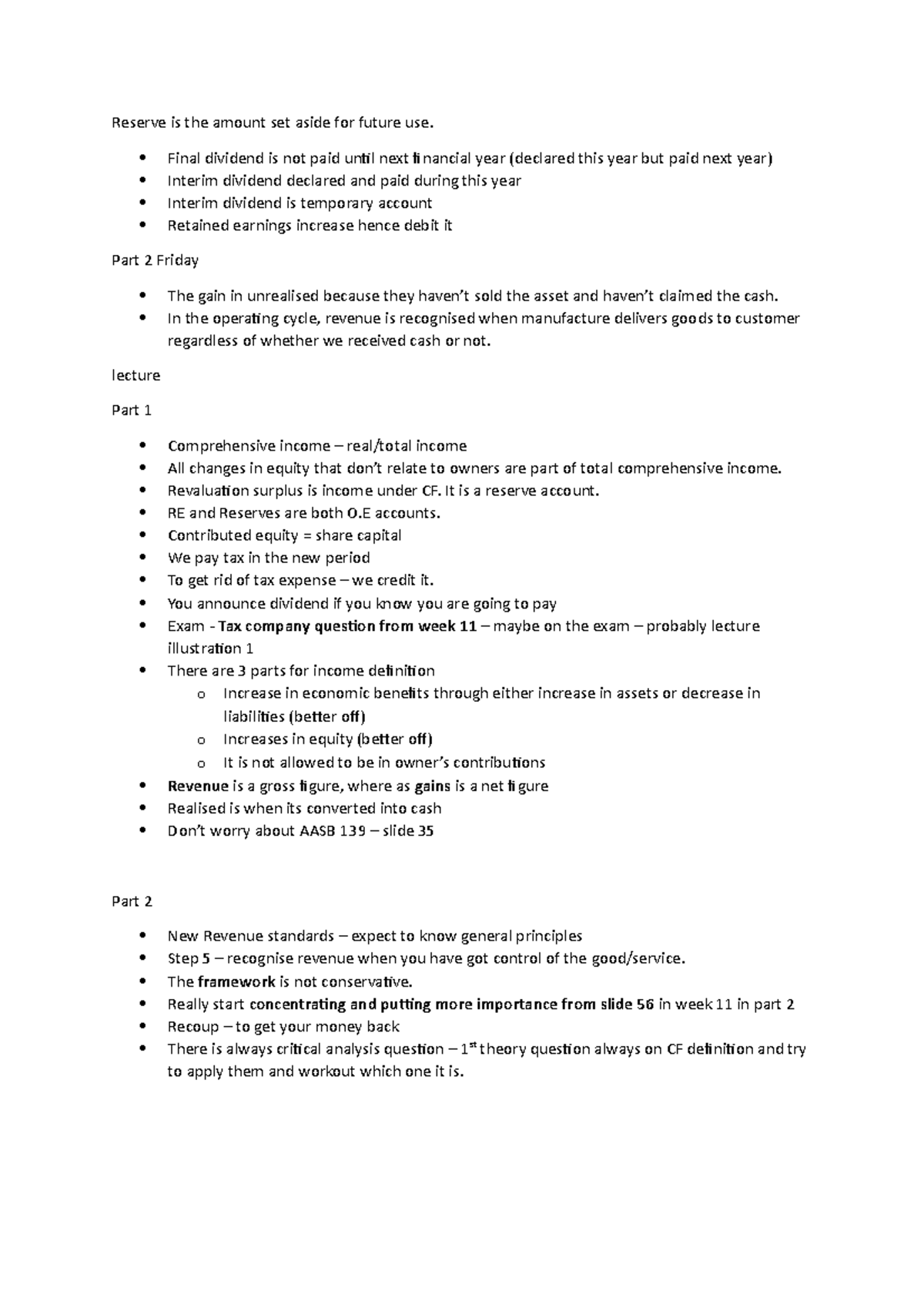 Week 12 revision - Reserve is the amount set aside for future use ...