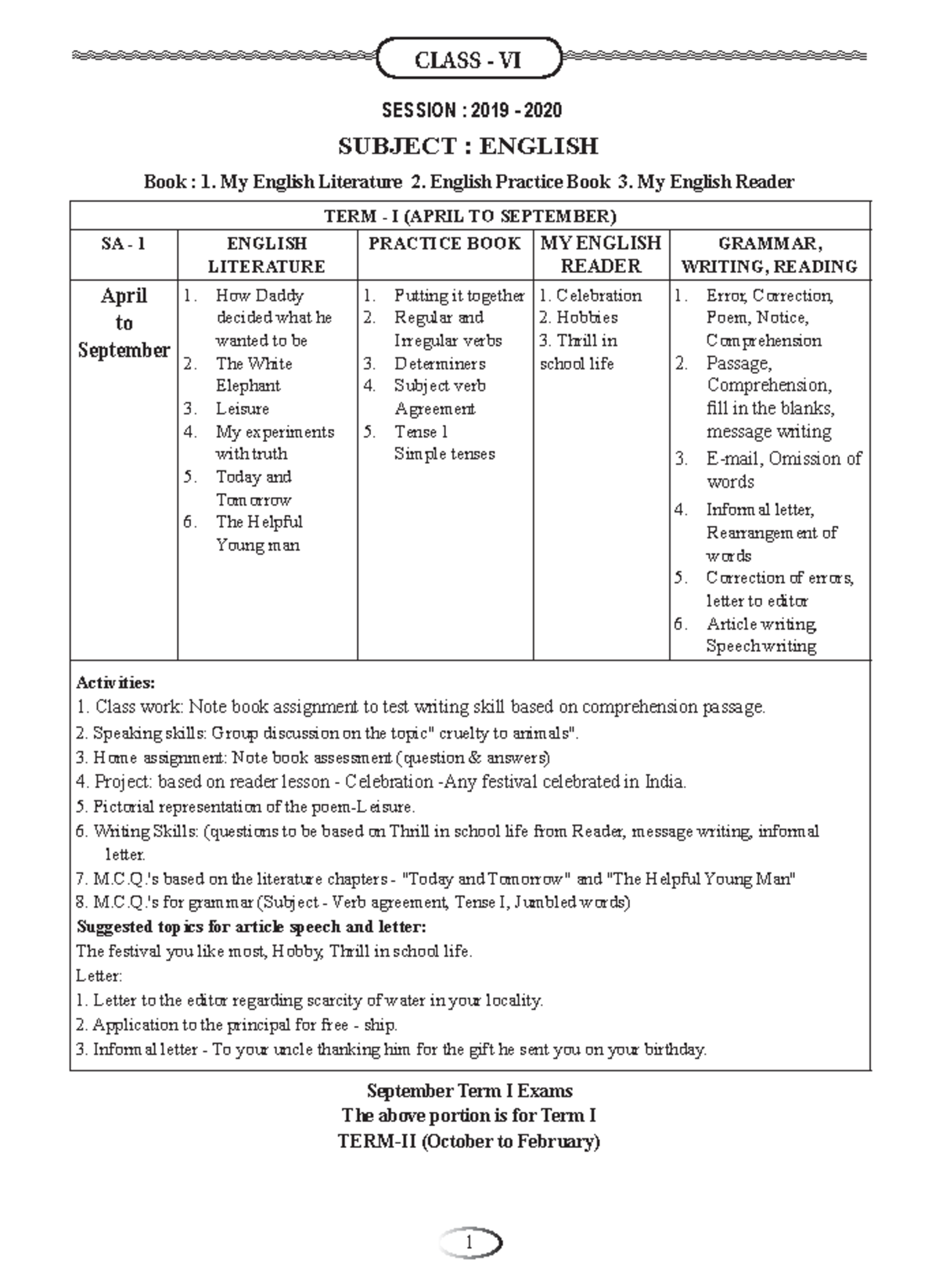Class VI - notes - SESSION : 2019 - 2020 SUBJECT : ENGLISH Book : 1. My ...