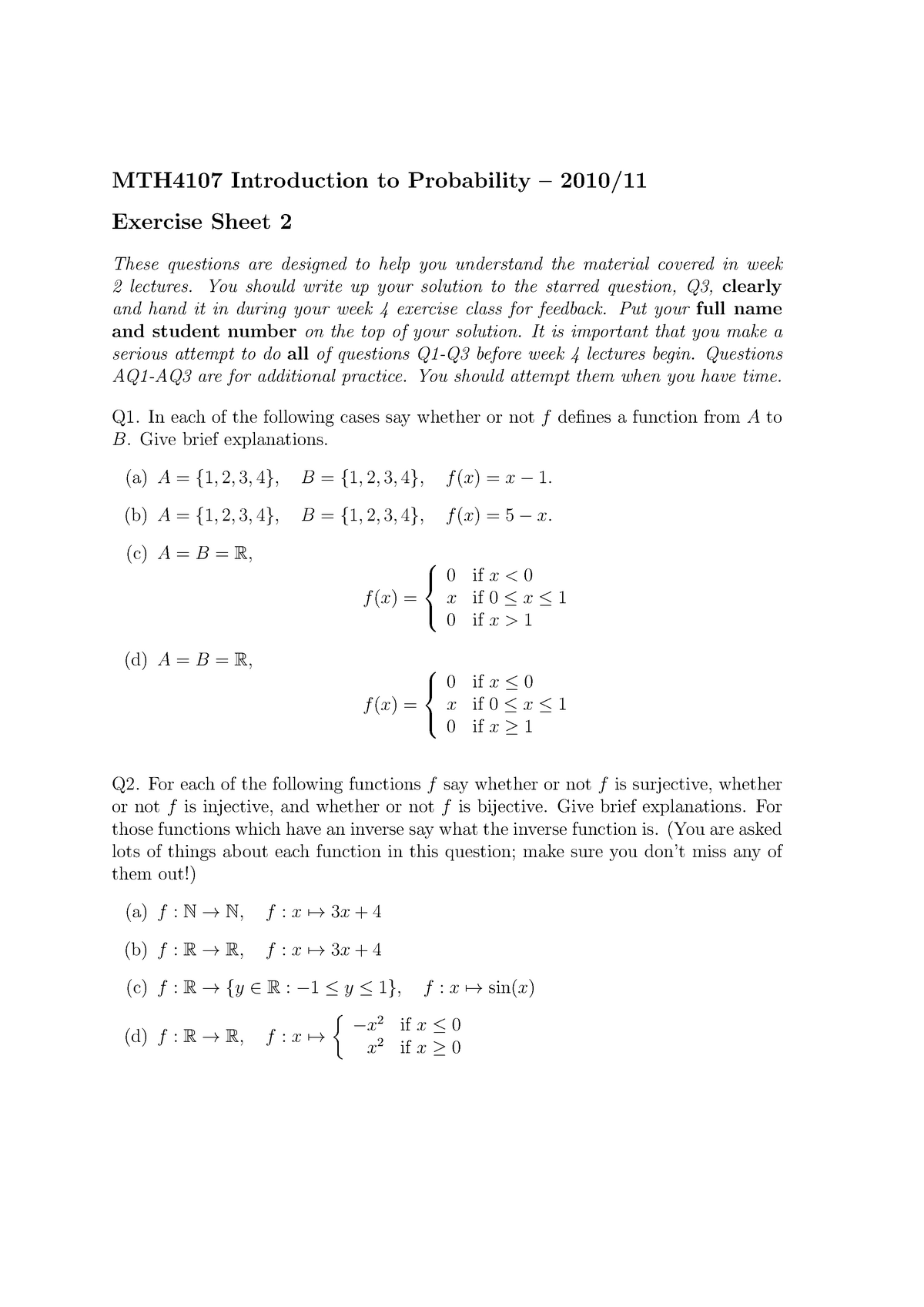 Exercise Sheet 2 - Questions - MTH4107 Introduction To Probability ...