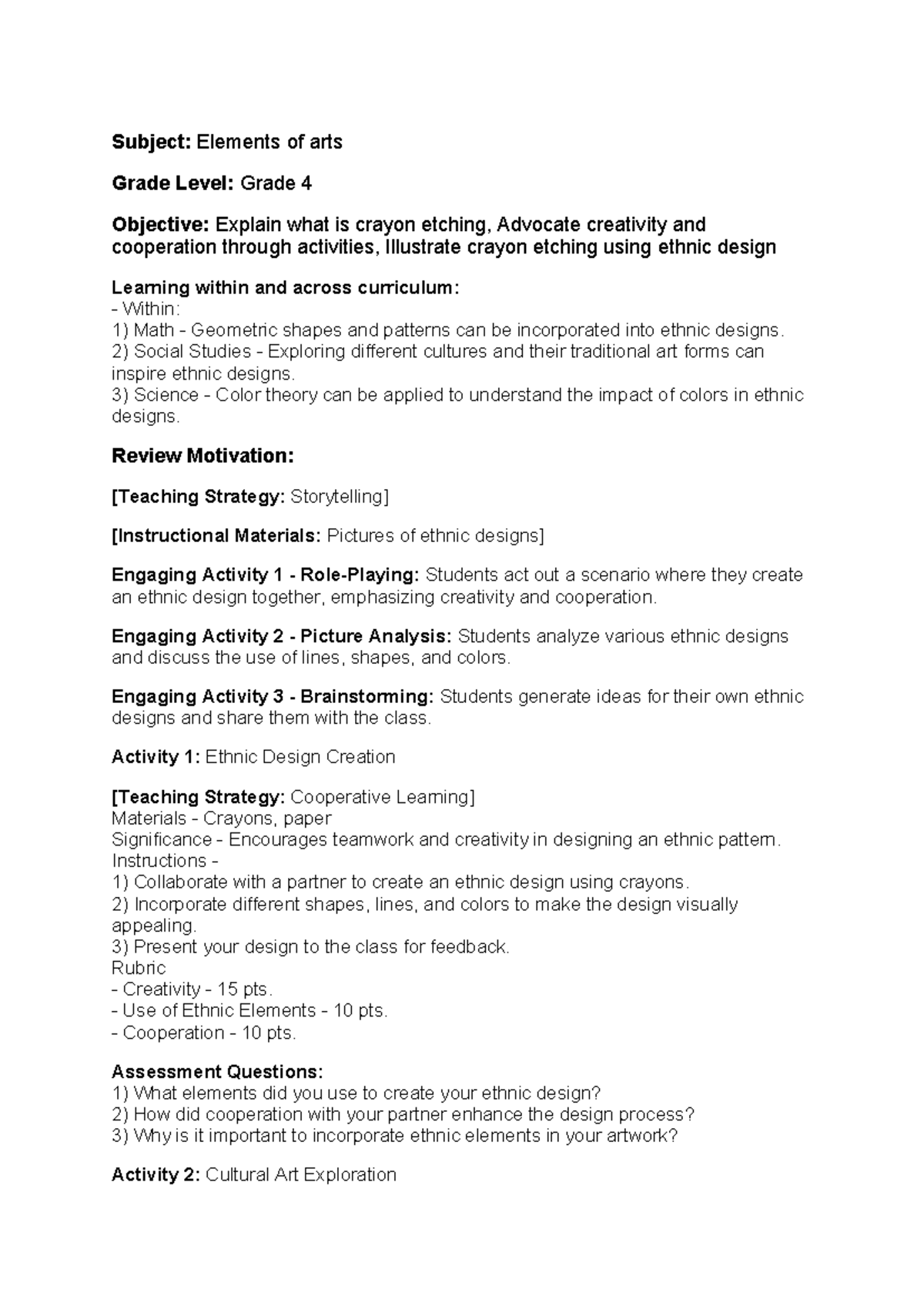 Lesson plan (1) 2 - Subject: Elements of arts Grade Level: Grade 4 ...