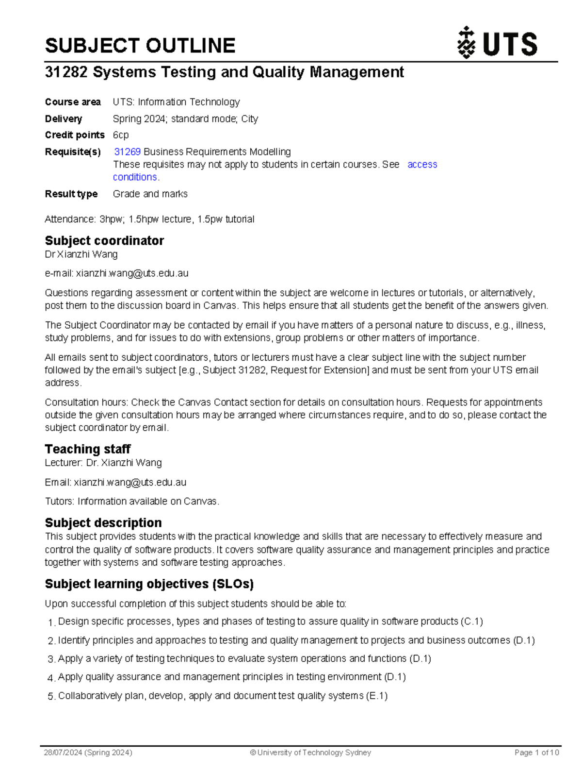 Subject Outline - SO for STQM - SUBJECT OUTLINE 31282 Systems Testing ...